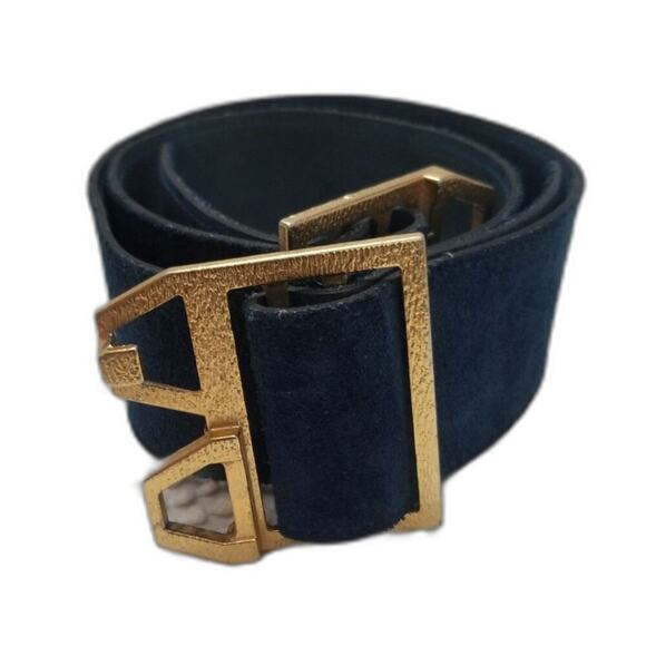 Vintage Big Gold Interlocking Cut Out Buckle Wide Blue Suede Belt Adjustable - Picture 1 of 5